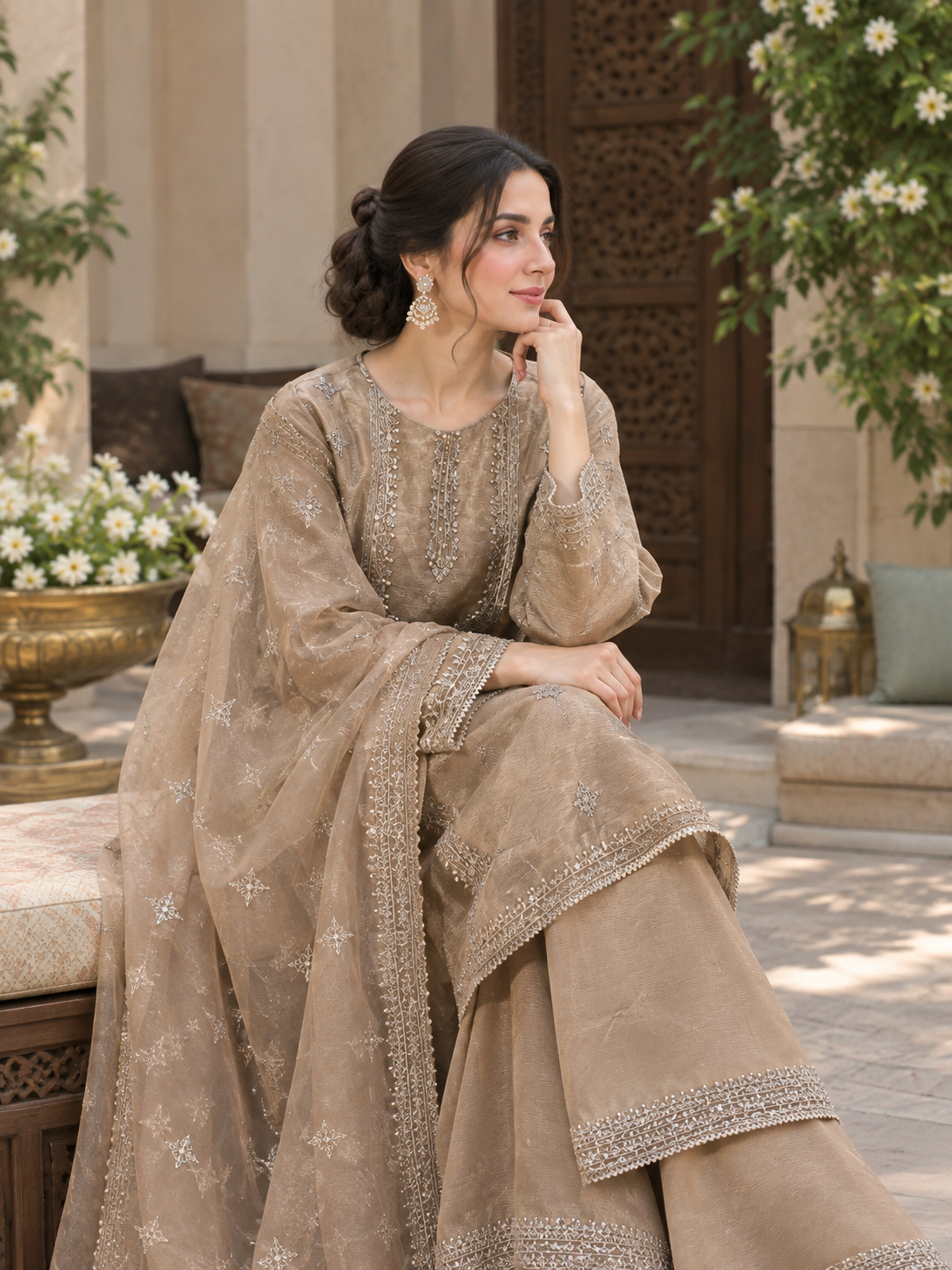 Mocha Elegance Embroidered 3-Piece Stitched Suit with Sheer Dupatta