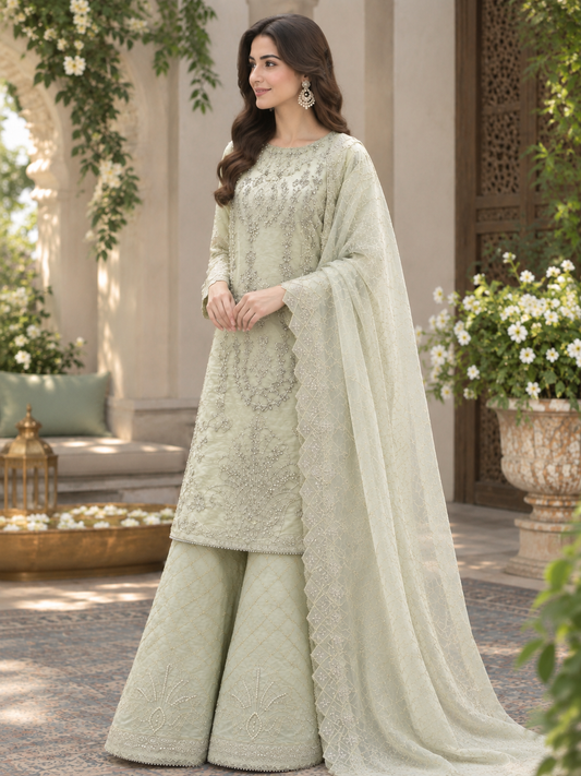 Sage Green Embroidered Stitched 3-Piece Suit