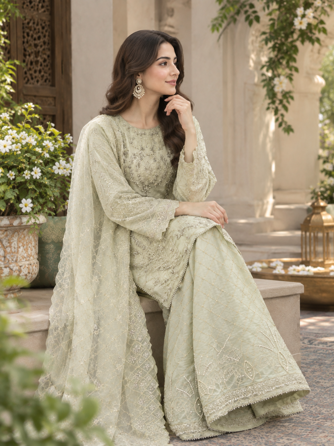 Sage Green Embroidered Stitched 3-Piece Suit