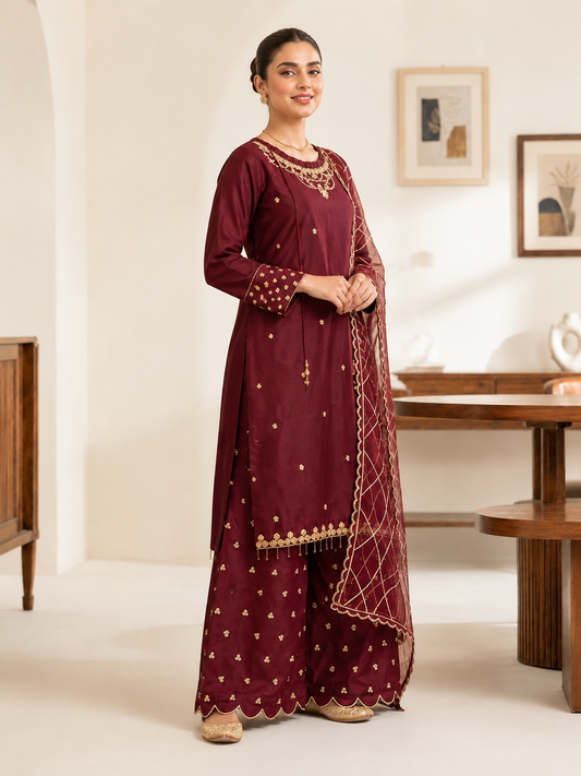 Maroon Embroidered 3-Piece Suit with Sheer Dupatta