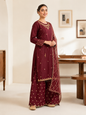 Maroon Embroidered 3-Piece Suit with Sheer Dupatta