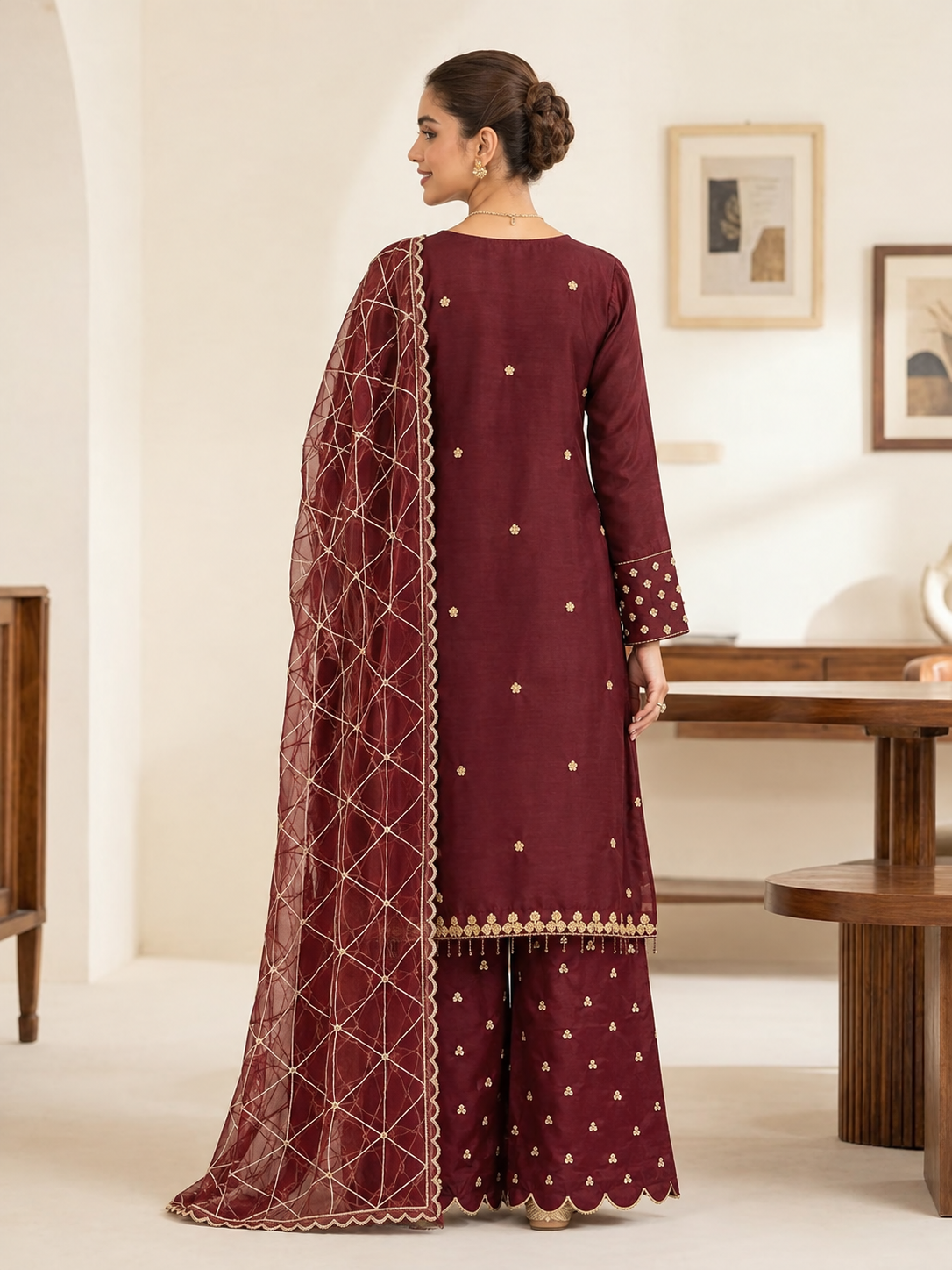 Maroon Embroidered 3-Piece Suit with Sheer Dupatta