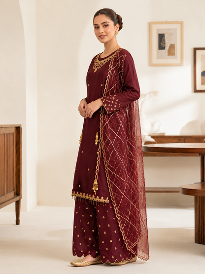 Maroon Embroidered 3-Piece Suit with Sheer Dupatta