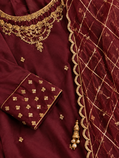 Maroon Embroidered 3-Piece Suit with Sheer Dupatta