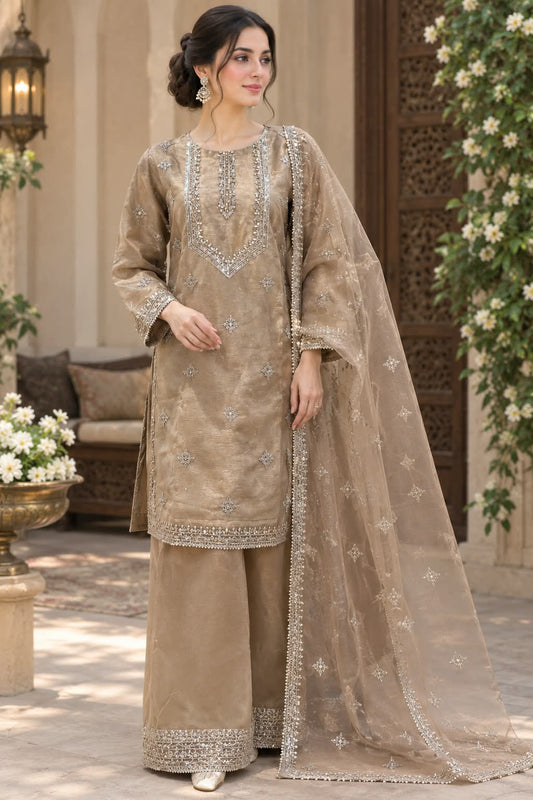 Mocha Elegance Embroidered 3-Piece Stitched Suit with Sheer Dupatta