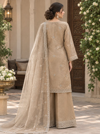 Mocha Elegance Embroidered 3-Piece Stitched Suit with Sheer Dupatta