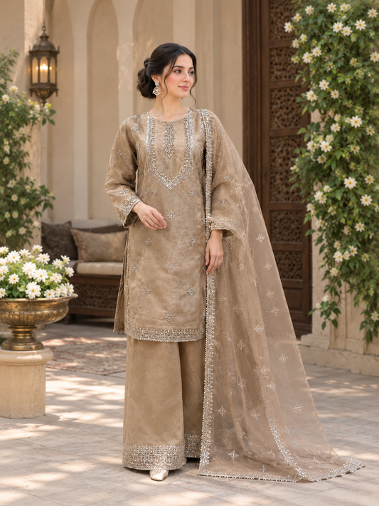 Mocha Elegance Embroidered 3-Piece Stitched Suit
