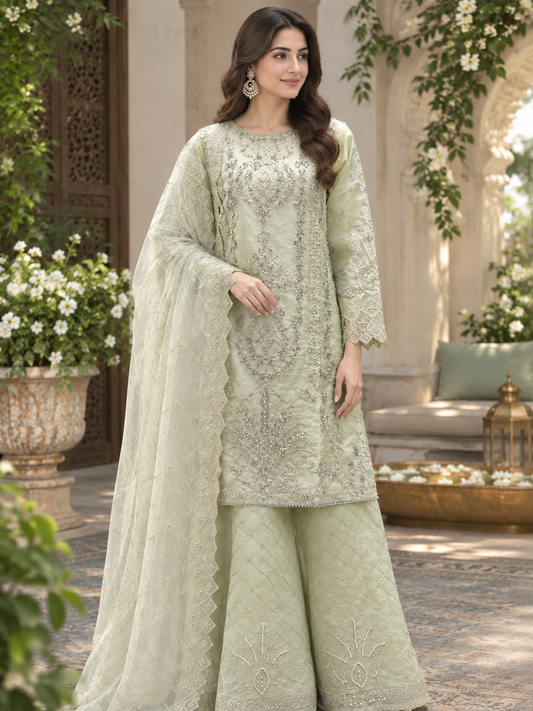 Sage Green Embroidered Stitched 3-Piece Suit